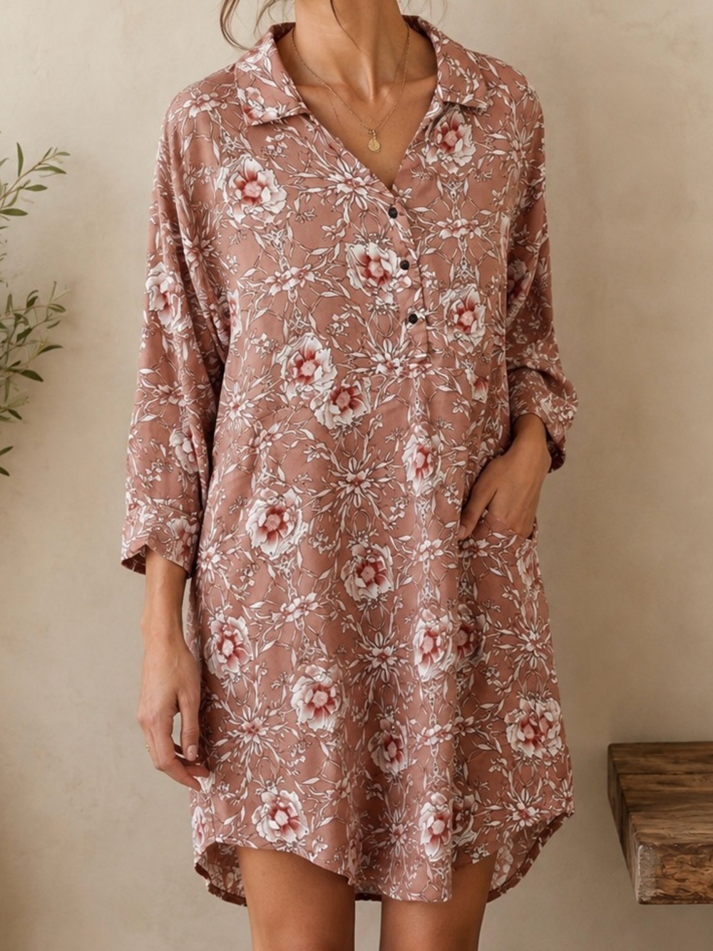 FARROW x BEULAH | Mauve Pink Off White Floral Dress Collar Silky Midi | Large